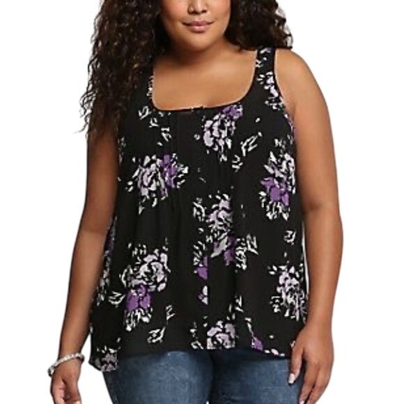 torrid Tops - Torrid Plus Size 2X Tank Top Black Purple Floral Chiffon Tulip Back 1695